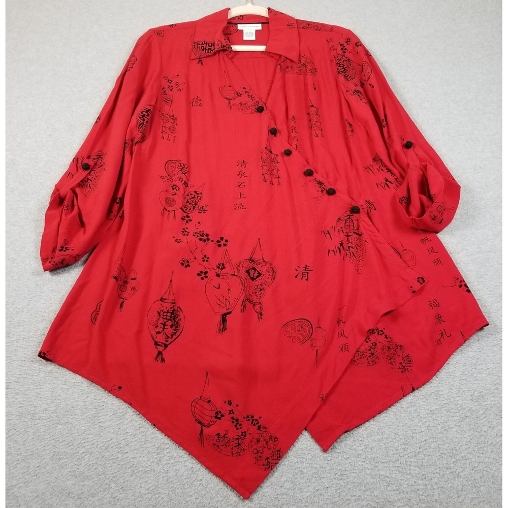 Soft Surroundings Tunic Top Women M Medium Red Black Asian Lantern Print 25944